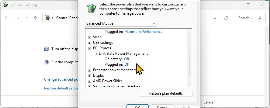 Vô hiệu hóa Quản lý nguồn Link State cho PCI Express trong Tùy chọn nguồn Windows 11 để khắc phục lỗi mạng