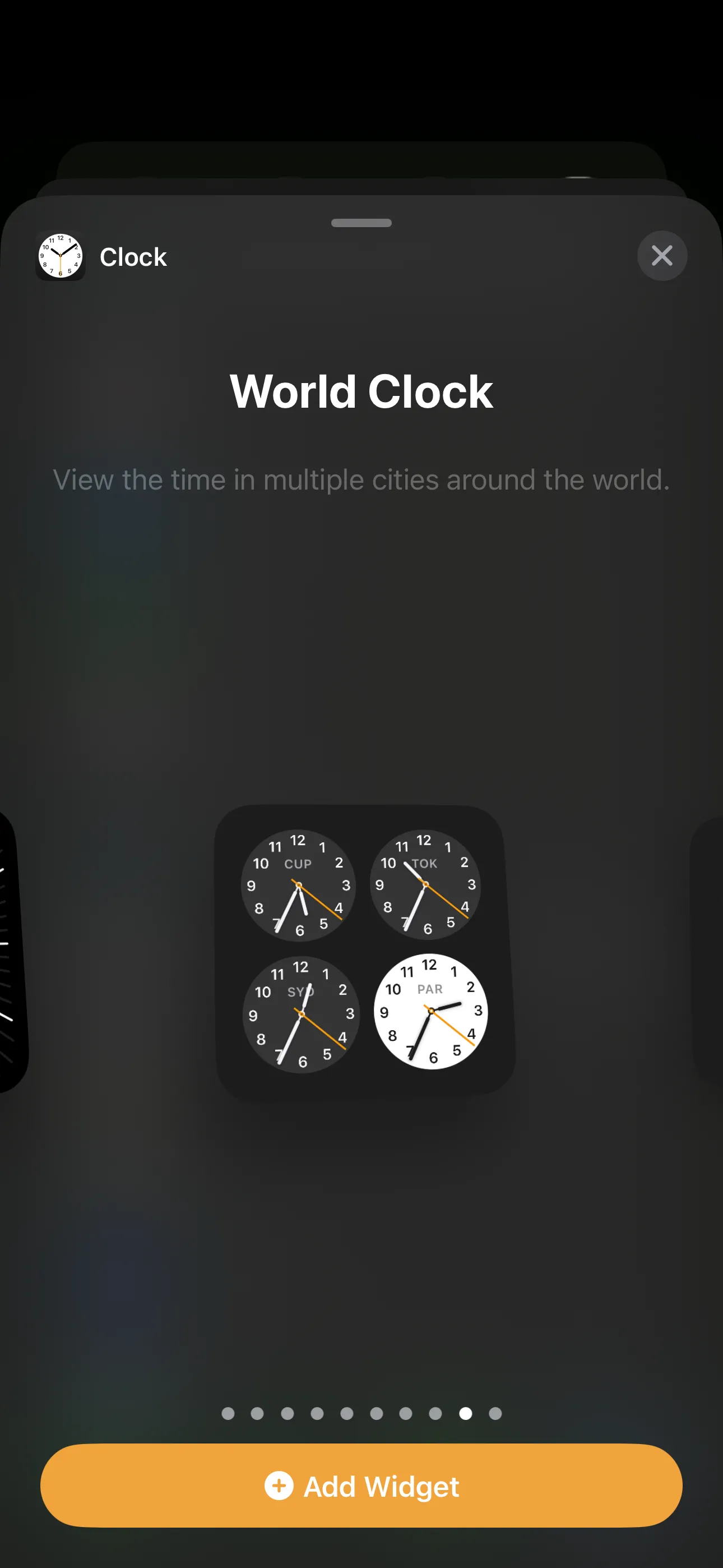 Widget Đồng hồ thế giới kiểu vuông hiển thị trên màn hình chính iPhone