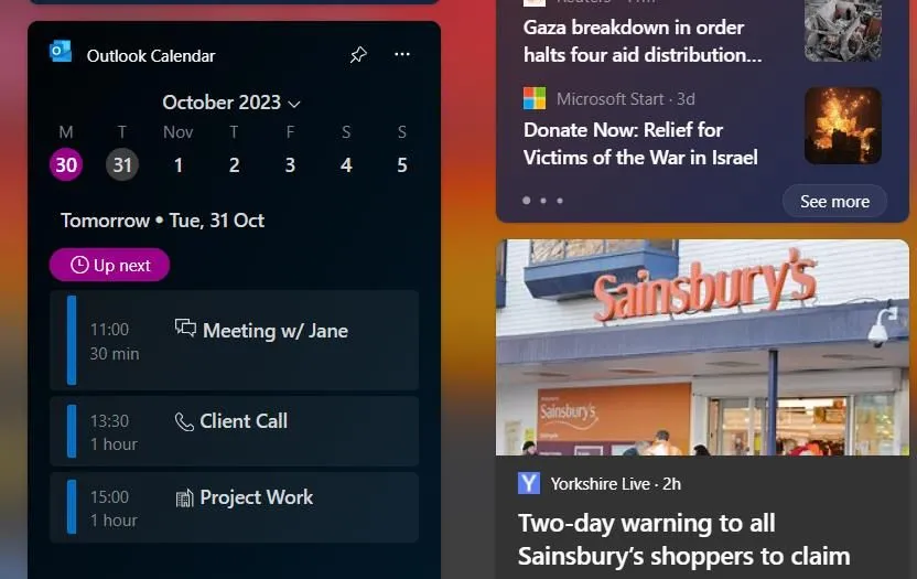 Widget lịch Outlook giúp tăng năng suất trên Windows 11