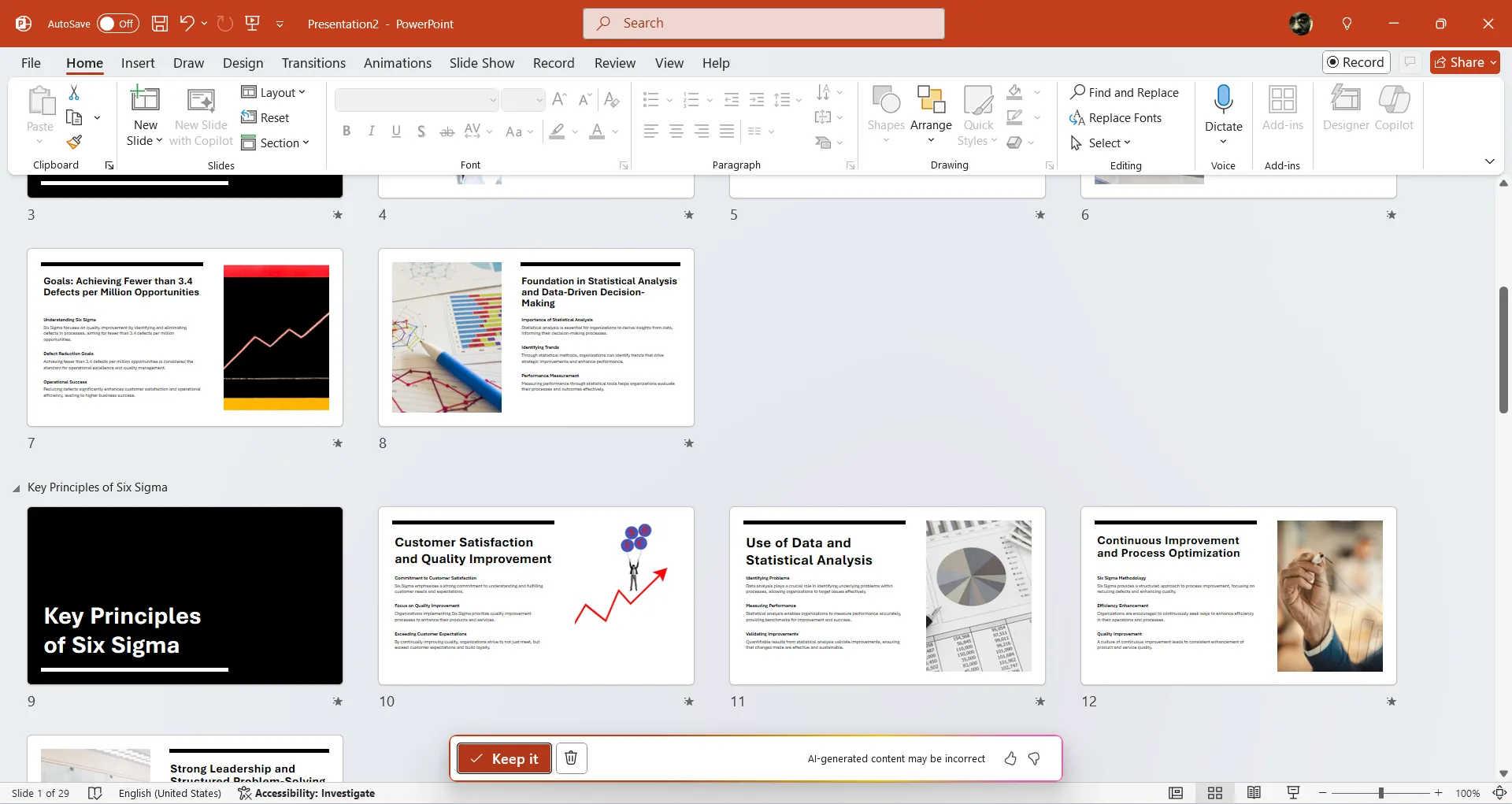 Xác nhận và thêm các trang chiếu do Copilot tạo vào bài thuyết trình PowerPoint.