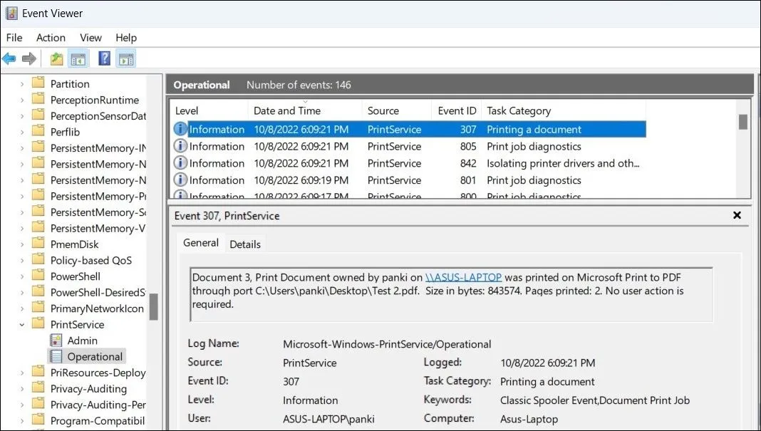 Xem chi tiết các bản ghi lịch sử in trong nhật ký Operational của Event Viewer trên Windows