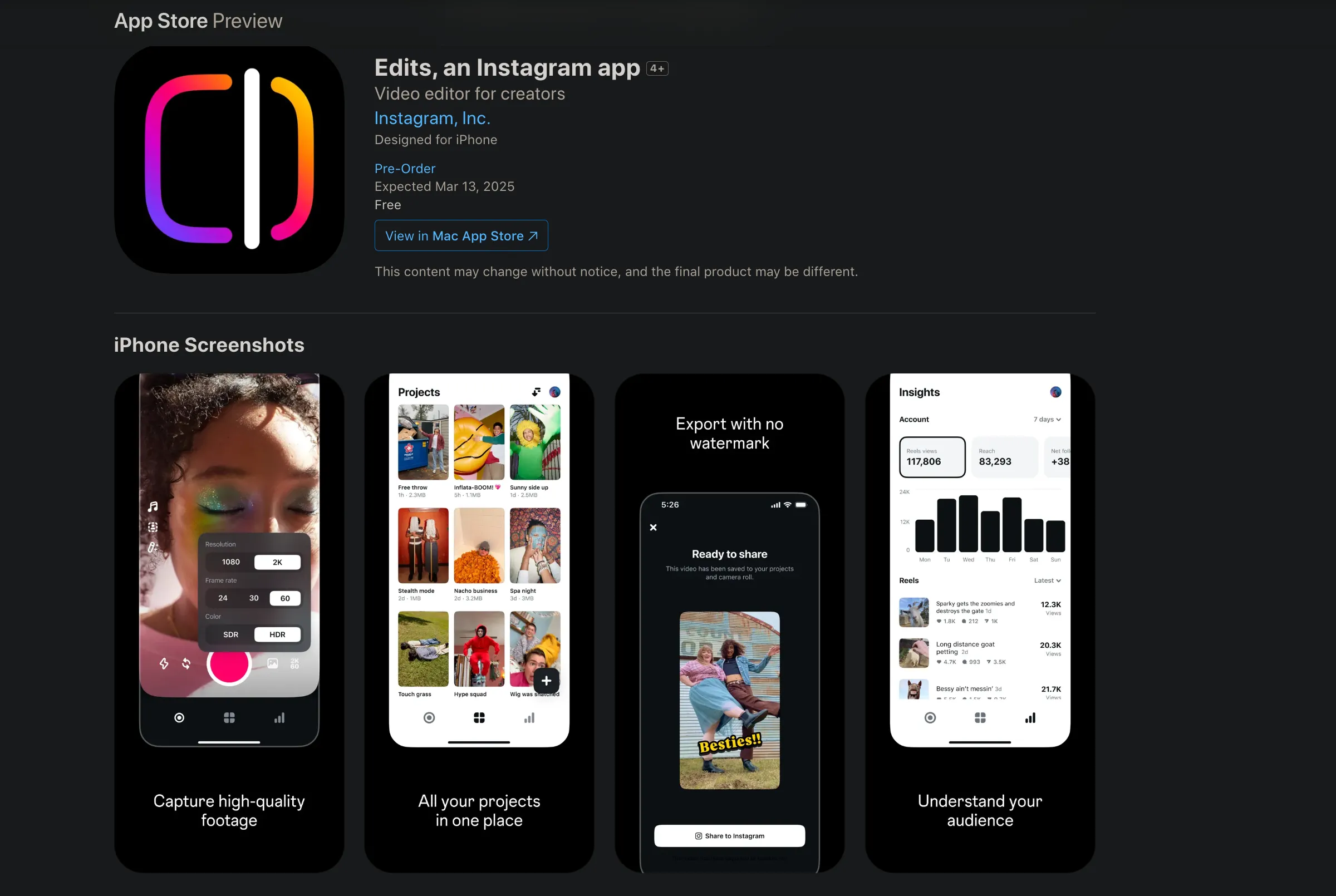 Xem trước ứng dụng Edits trên App Store của Apple, hiển thị giao diện người dùng và các tính năng chính